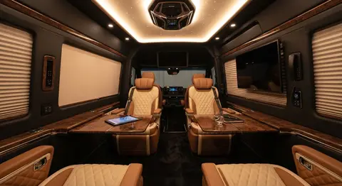 Quilted leather captain chairs inside a Mercedes Sprinter executive jet van